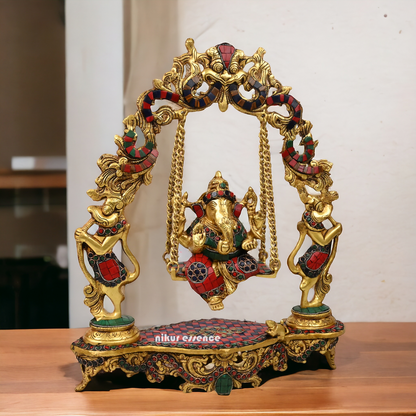 Online Brass ganesh jhula with stone work by Nikur Essence - 45 cm Nikuressence