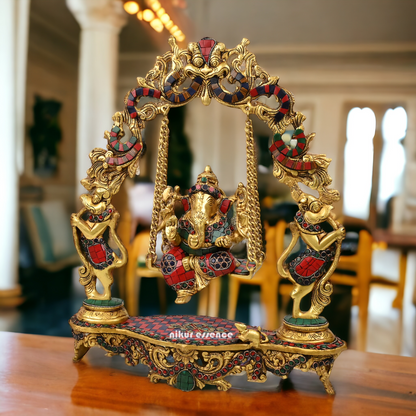 Online Brass ganesh jhula with stone work by Nikur Essence - 45 cm Nikuressence