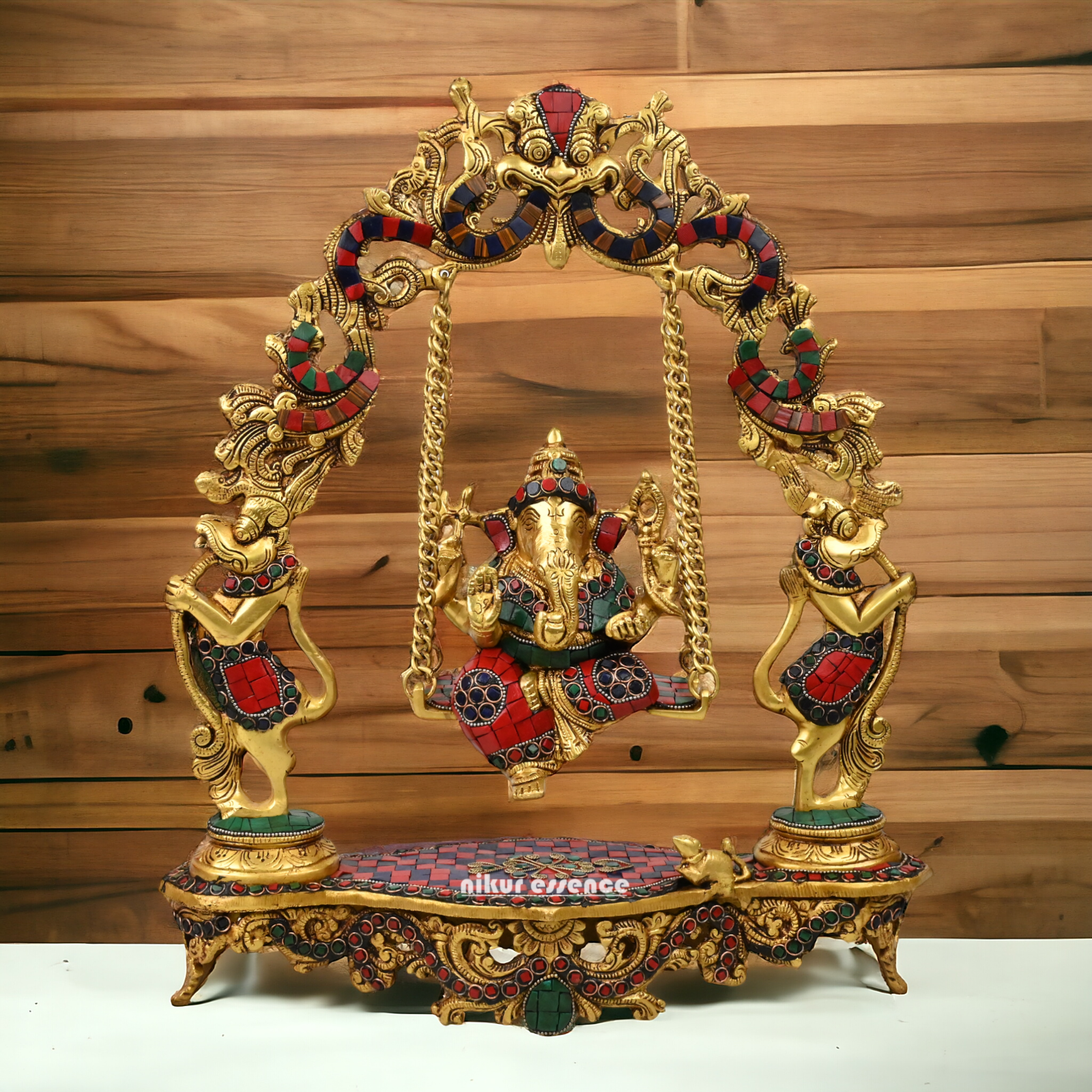 Online Brass ganesh jhula with stone work by Nikur Essence - 45 cm Nikuressence