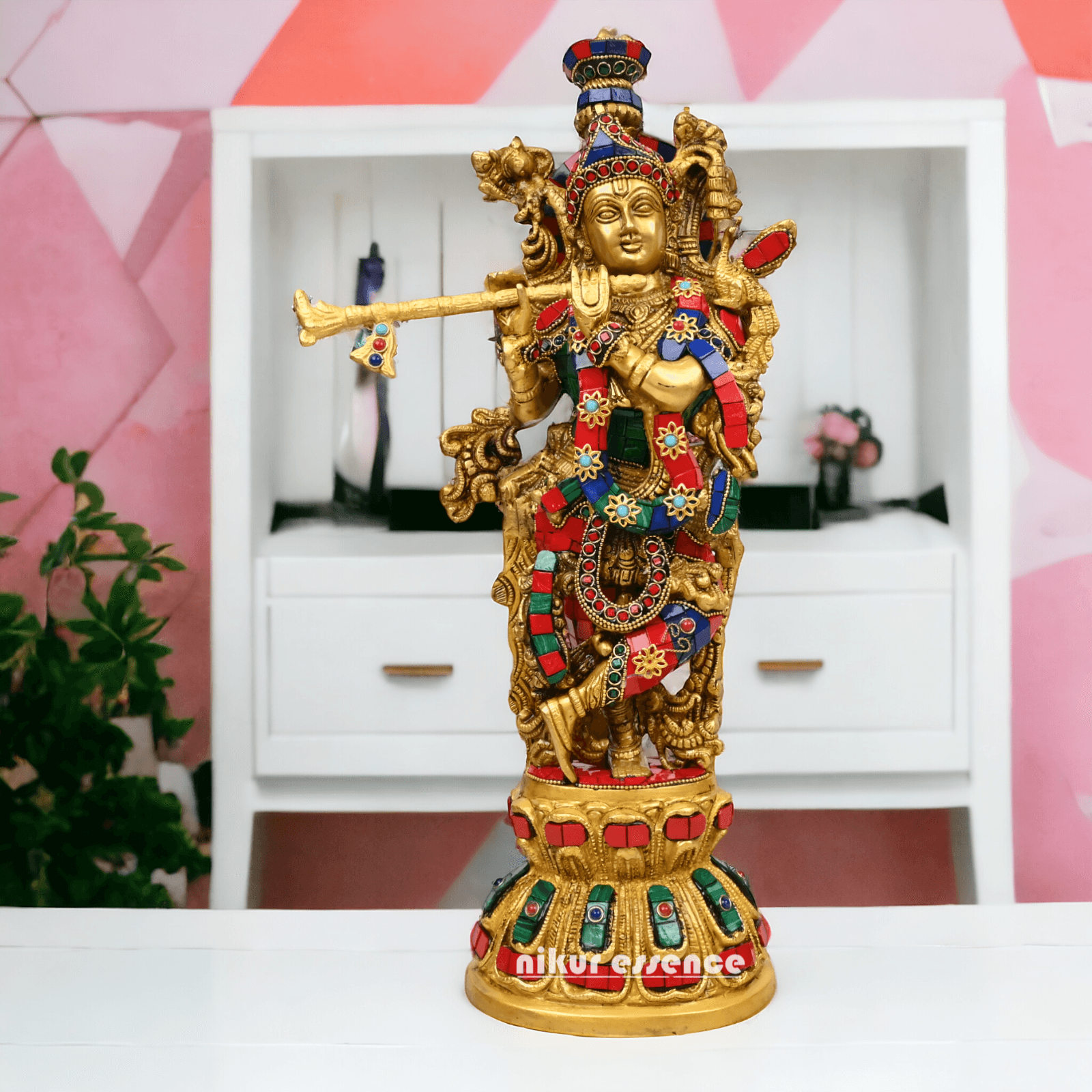 (Copy) Online Brass krishna Murli with stone work by Nikur Essence - 18 Inch Nikuressence