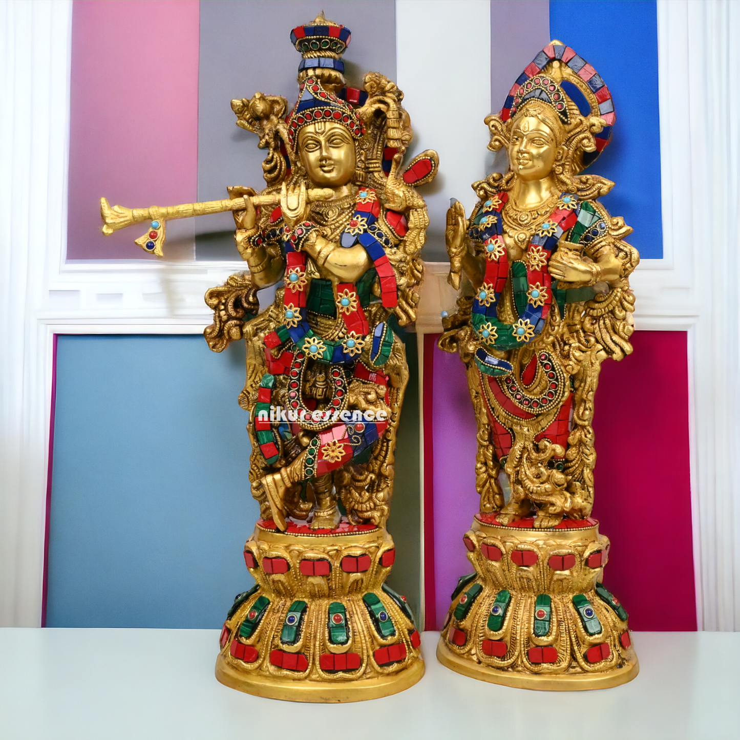 Buy Brass krishna Radha flute with stone work by Nikur Essence - 18 Inch Nikuressence