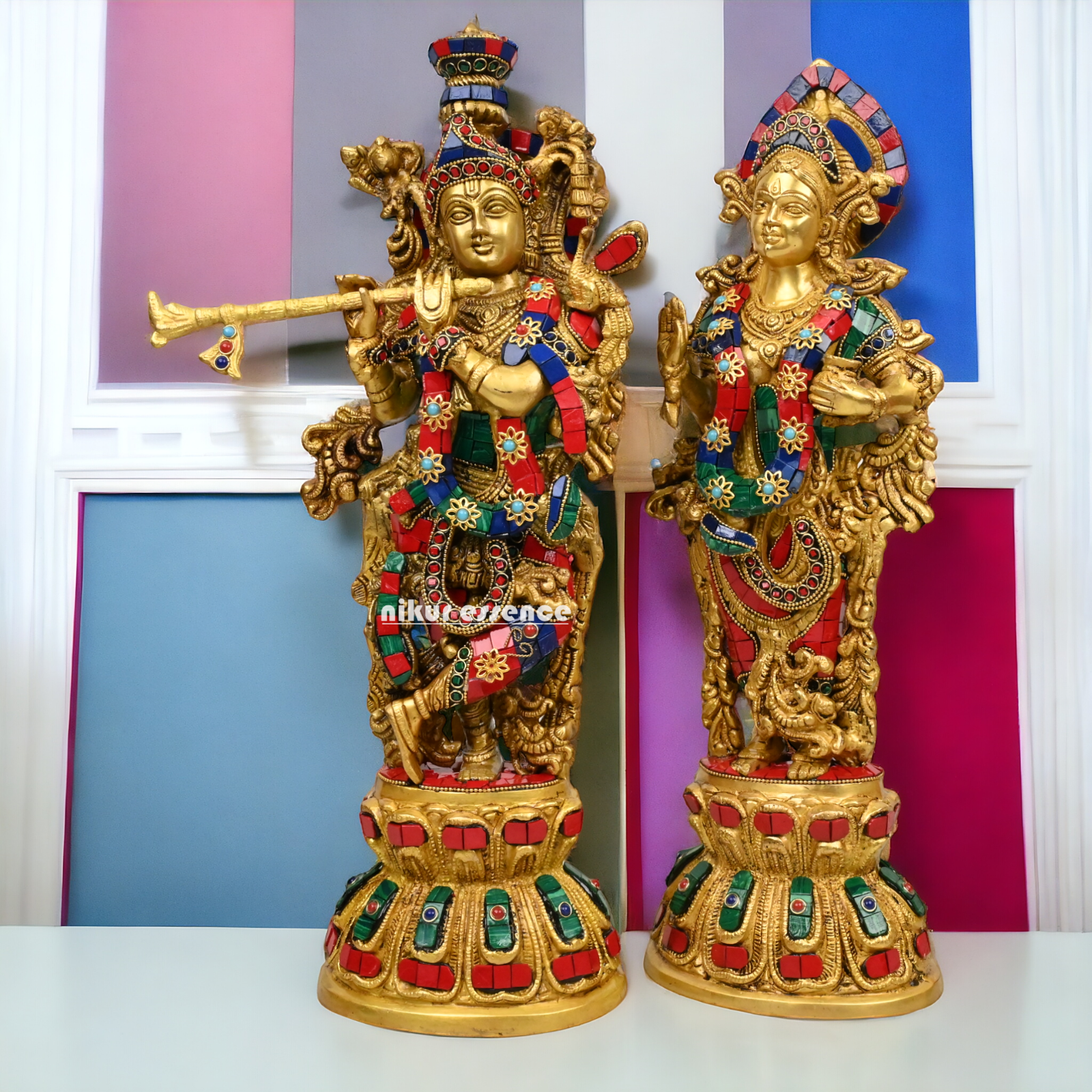 Buy Brass krishna Radha flute with stone work by Nikur Essence - 18 Inch Nikuressence