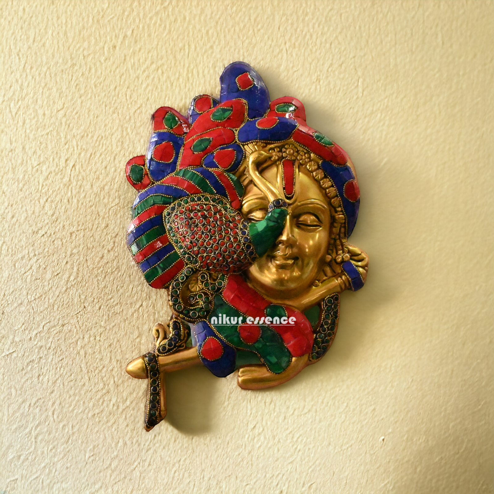 Buy Beautiful krishna flute with stone work Brass wall hanging idol - 35 cm Nikuressence