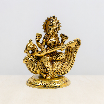 Beautiful Solid Brass saraswati sitting on swan statue by Nikur Essence - 4 Inch Nikuressence