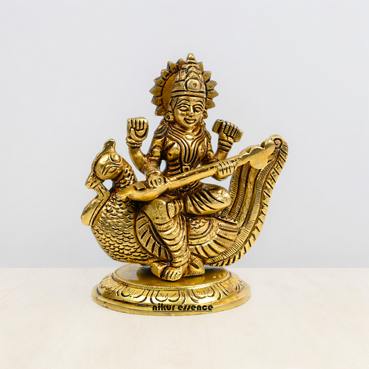 Beautiful Solid Brass saraswati sitting on swan statue by Nikur Essence - 4 Inch Nikuressence