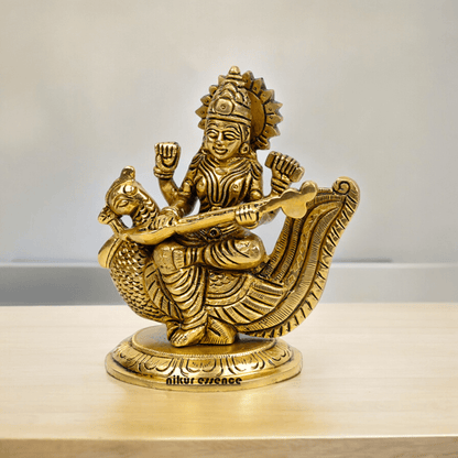 Beautiful Solid Brass saraswati sitting on swan statue by Nikur Essence - 4 Inch Nikuressence