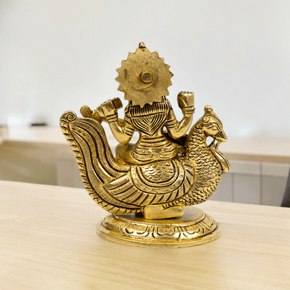Beautiful Solid Brass saraswati sitting on swan statue by Nikur Essence - 4 Inch Nikuressence