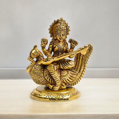 Beautiful Solid Brass saraswati sitting on swan statue by Nikur Essence - 4 Inch Nikuressence