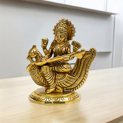Beautiful Solid Brass saraswati sitting on swan statue by Nikur Essence - 4 Inch Nikuressence