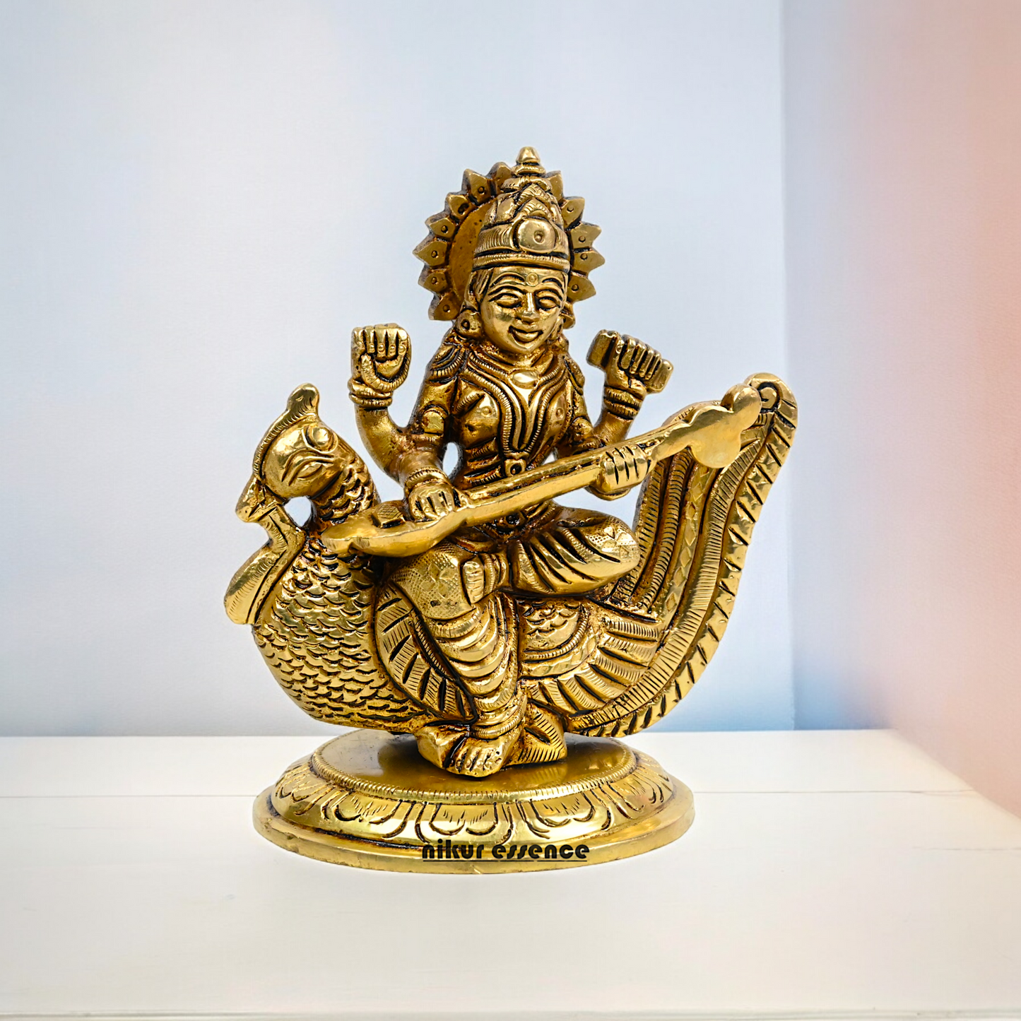 Beautiful Solid Brass saraswati sitting on swan statue by Nikur Essence - 4 Inch Nikuressence