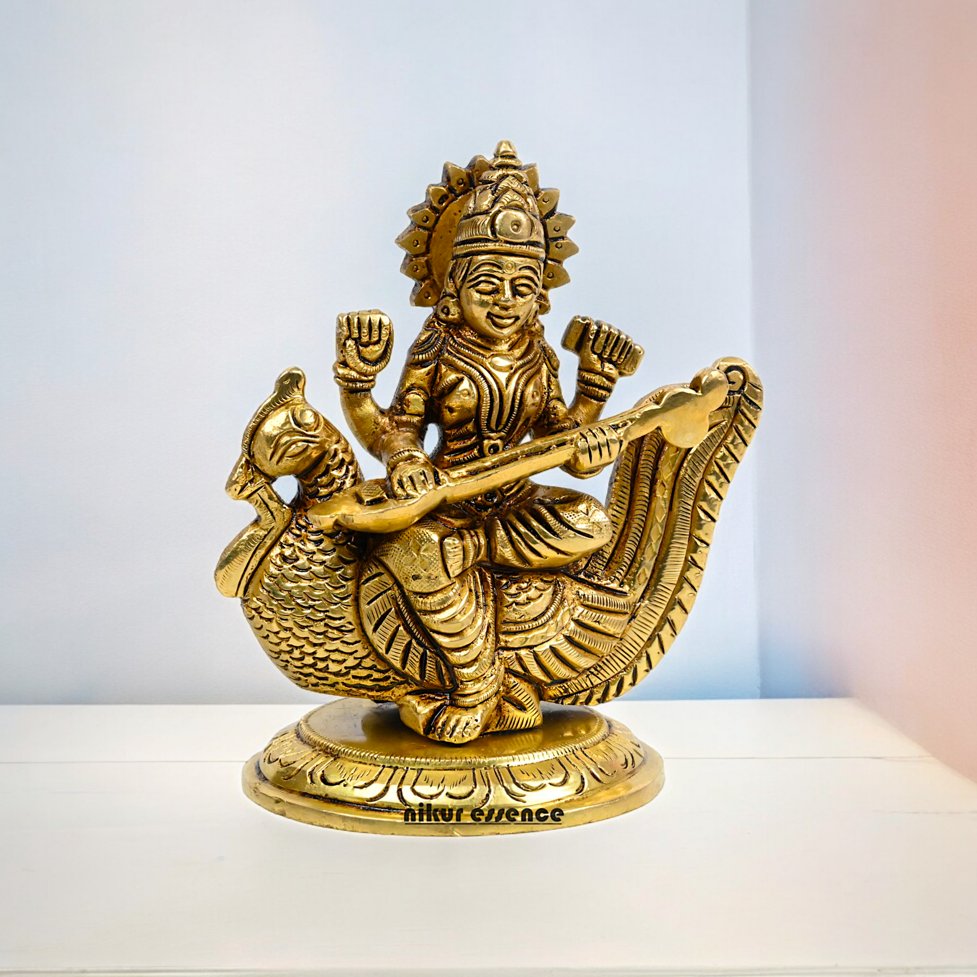 Beautiful Solid Brass saraswati sitting on swan statue by Nikur Essence - 4 Inch Nikuressence