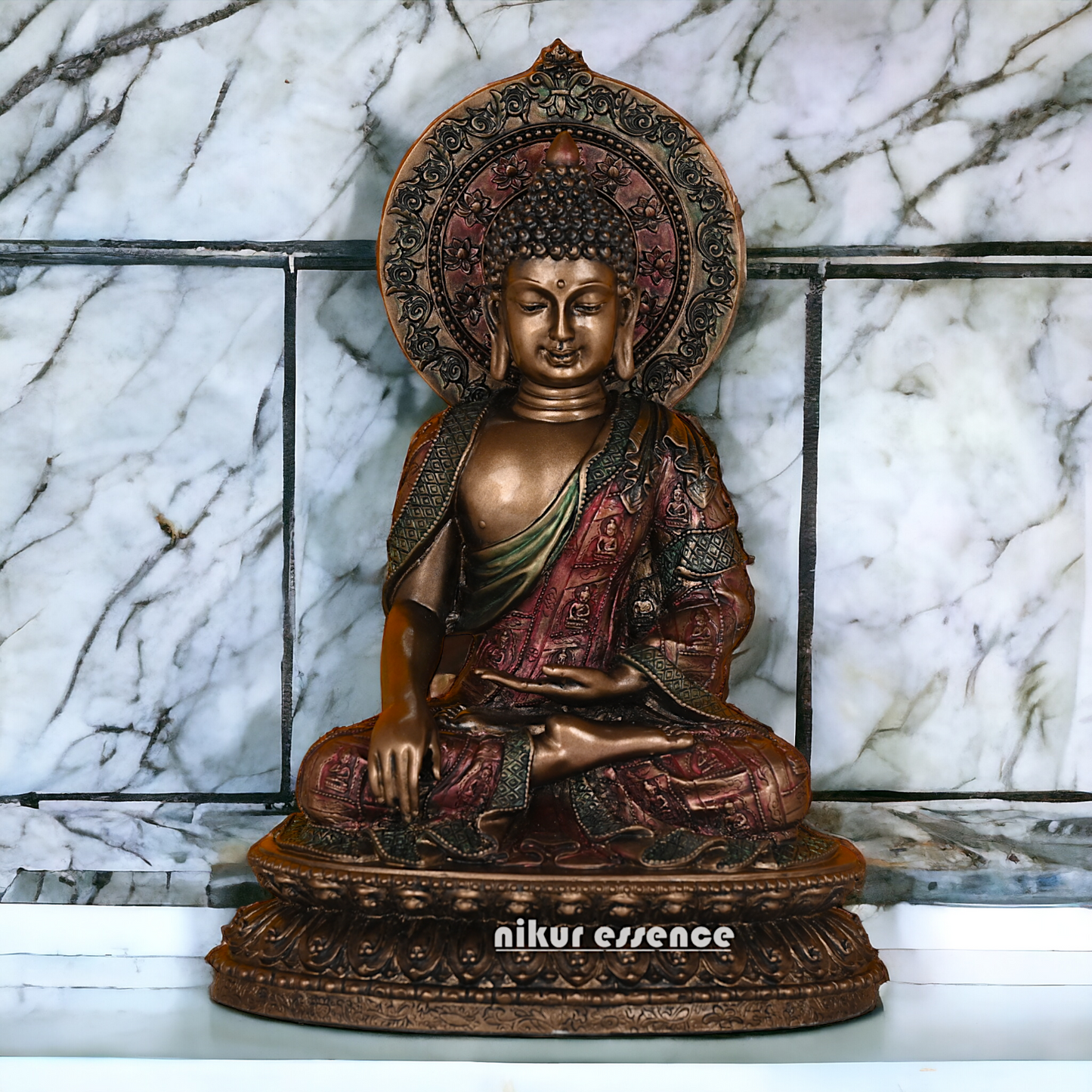 Bronze Buddha Statue with Lotus Base, Handcrafted Meditation Art Piece, 26 cm Tall Nikuressence