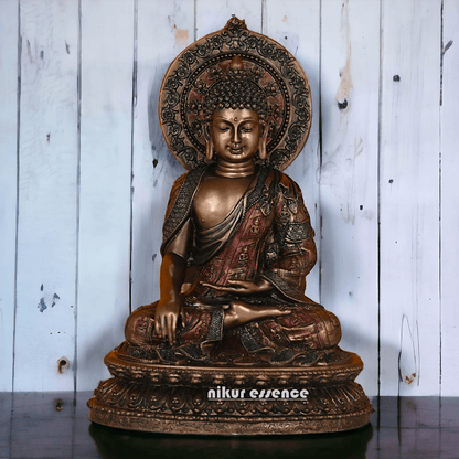 Bronze Buddha Statue with Lotus Base, Handcrafted Meditation Art Piece, 26 cm Tall Nikuressence