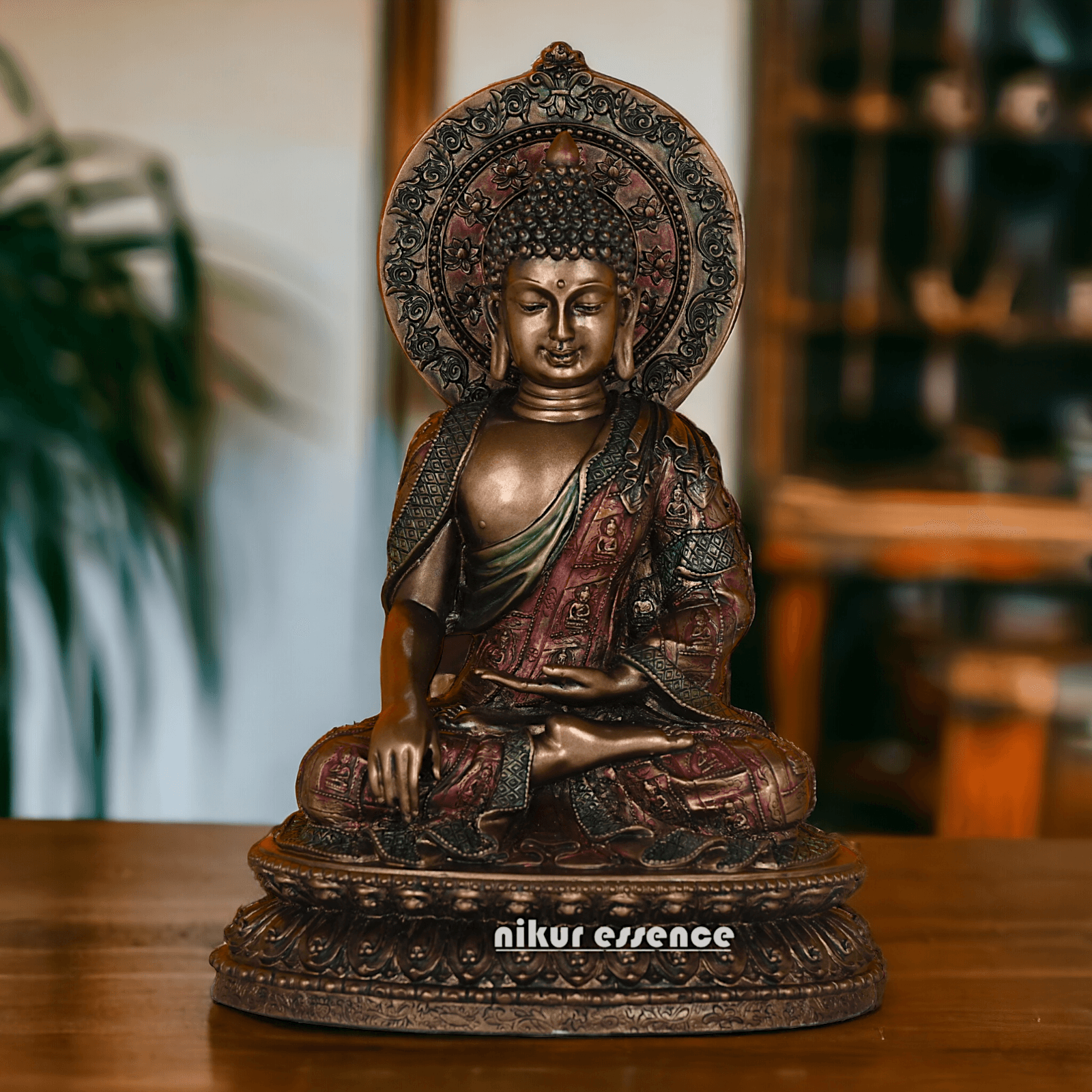 Bronze Buddha Statue with Lotus Base, Handcrafted Meditation Art Piece, 26 cm Tall Nikuressence