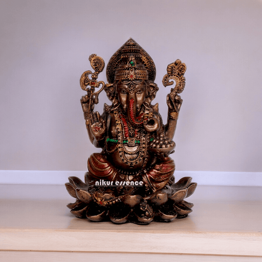 Bonded Bronze Ganesh sitting on lotus Nikur Essence - 4 inch Nikuressence