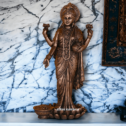 Bronze Lakshmi Idol Standing Gracefully on Lotus Flower Nikuressence