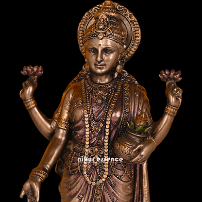 Bronze Lakshmi Idol Standing Gracefully on Lotus Flower Nikuressence