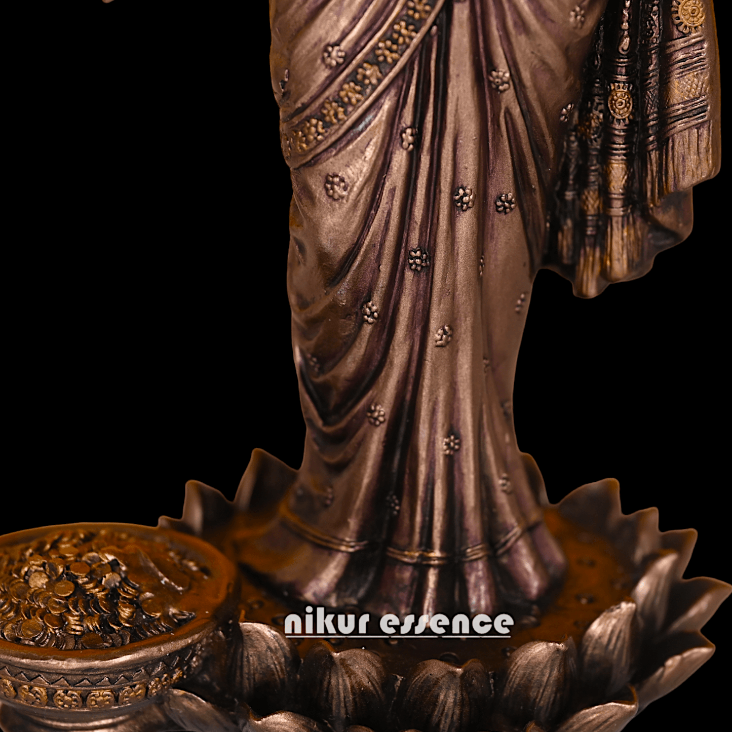 Bronze Lakshmi Idol Standing Gracefully on Lotus Flower Nikuressence