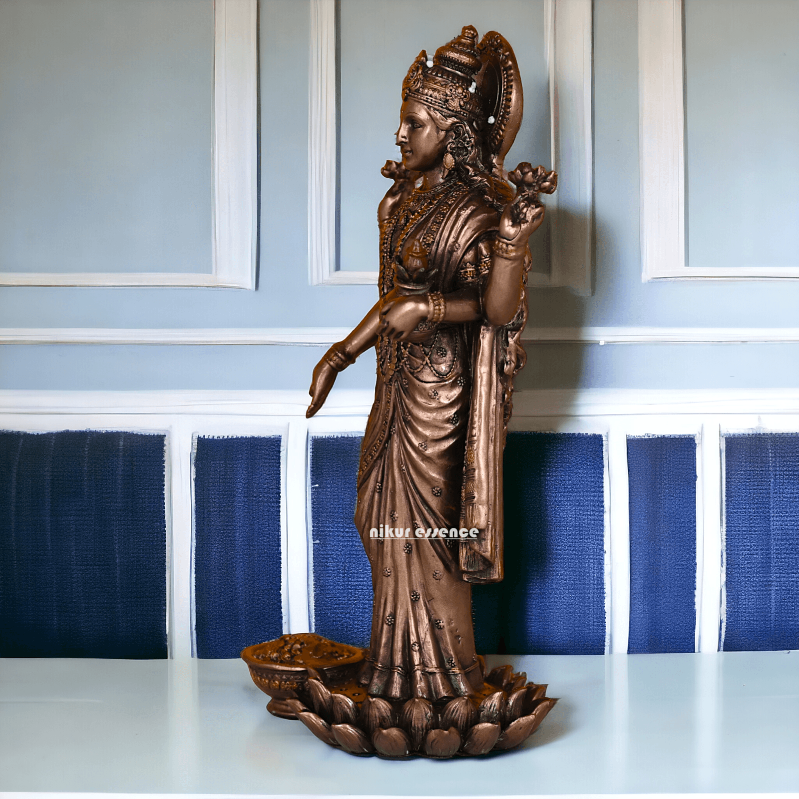 Bronze Lakshmi Idol Standing Gracefully on Lotus Flower Nikuressence