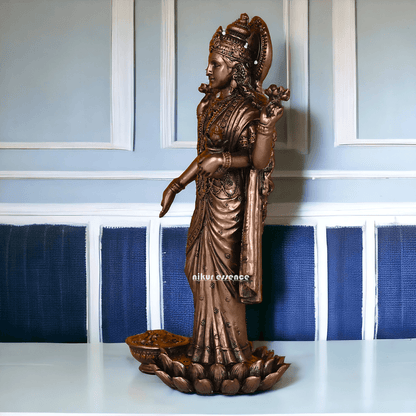 Bronze Lakshmi Idol Standing Gracefully on Lotus Flower Nikuressence