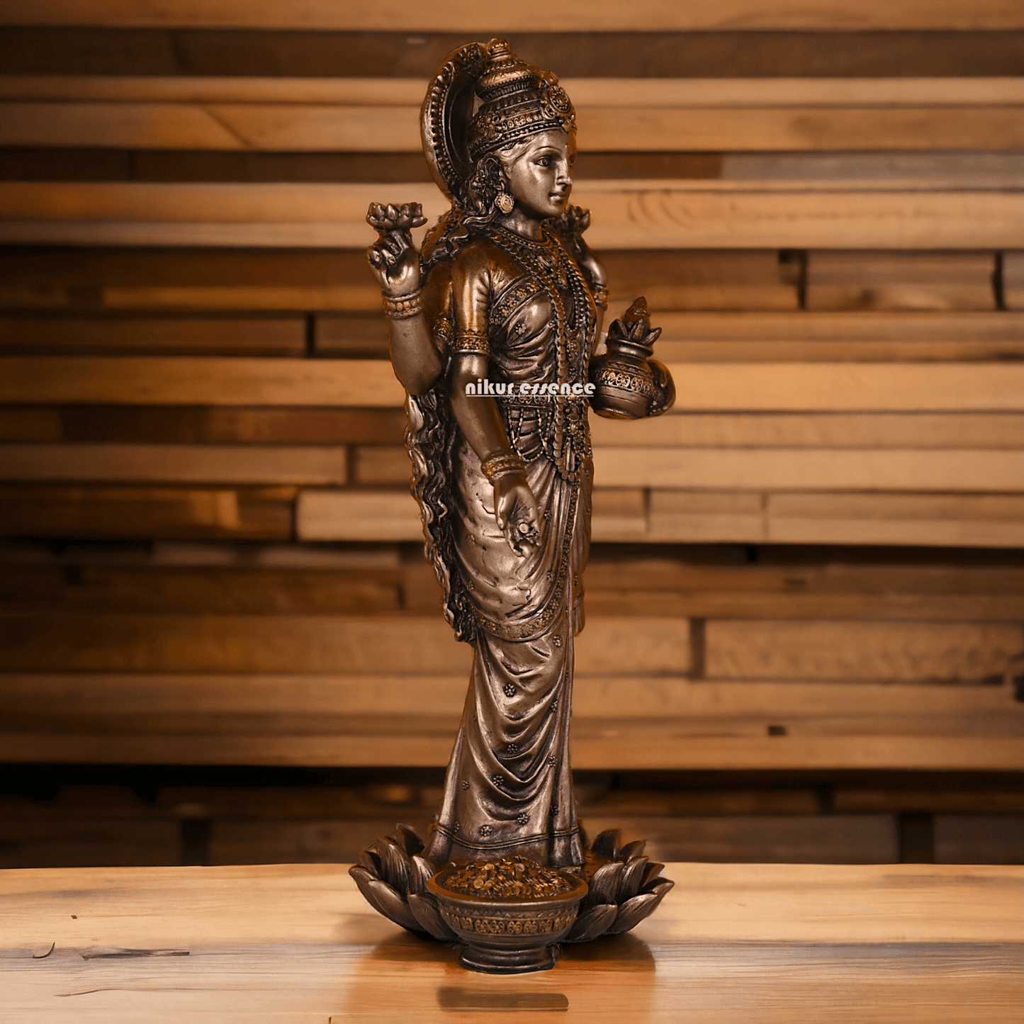 Bronze Lakshmi Idol Standing Gracefully on Lotus Flower Nikuressence