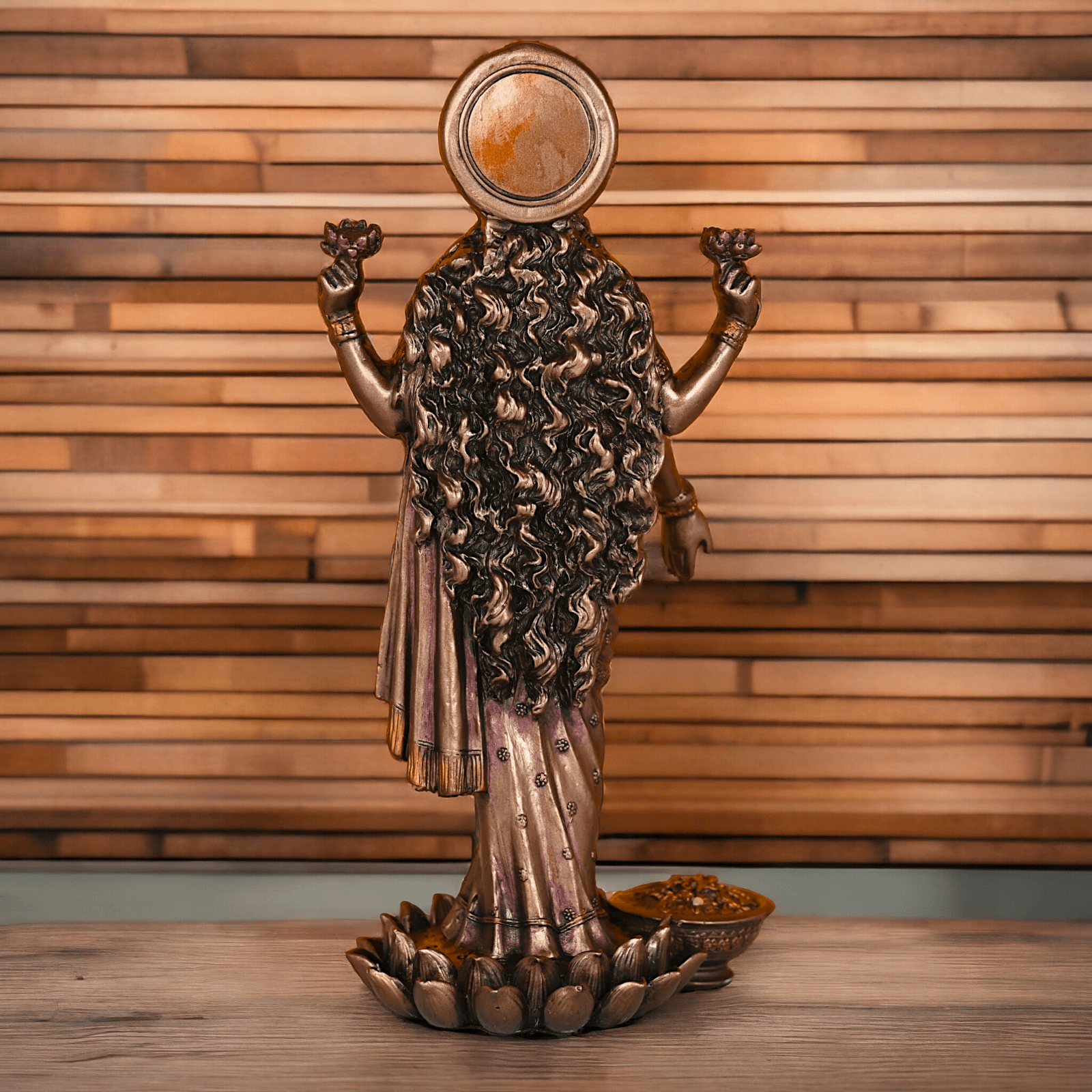 Bronze Lakshmi Idol Standing Gracefully on Lotus Flower Nikuressence