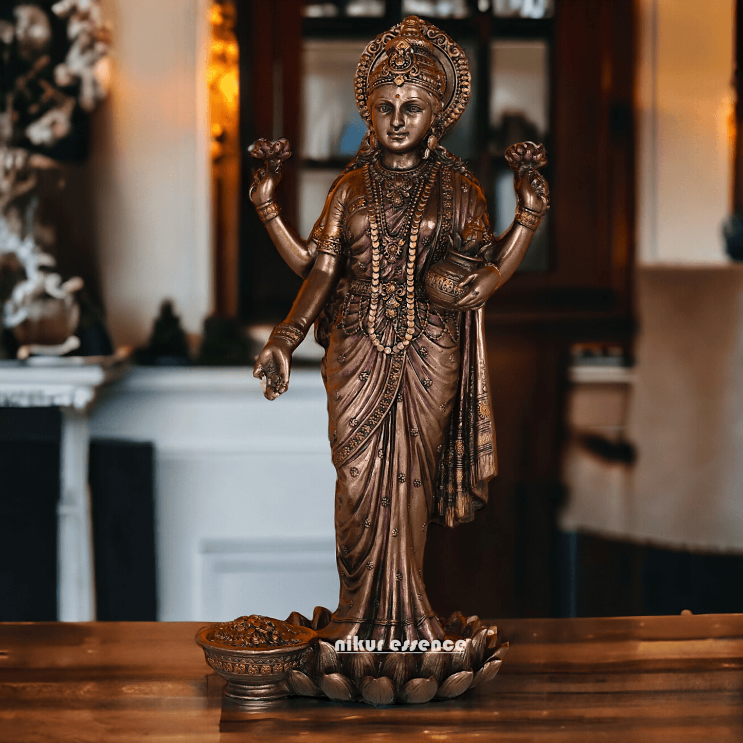 Bronze Lakshmi Idol Standing Gracefully on Lotus Flower Nikuressence