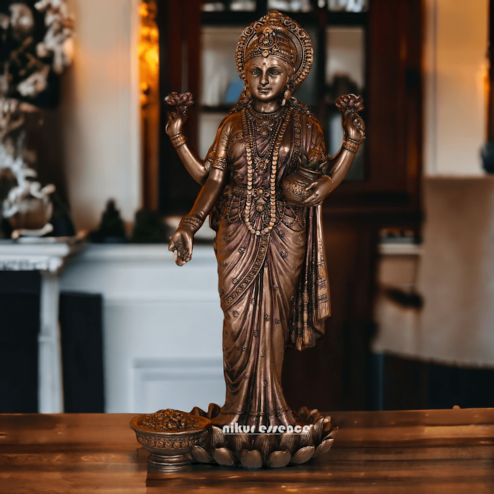 Bronze Lakshmi Idol Standing Gracefully on Lotus Flower Nikuressence
