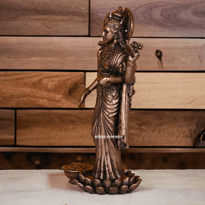Bronze Lakshmi Idol Standing Gracefully on Lotus Flower Nikuressence