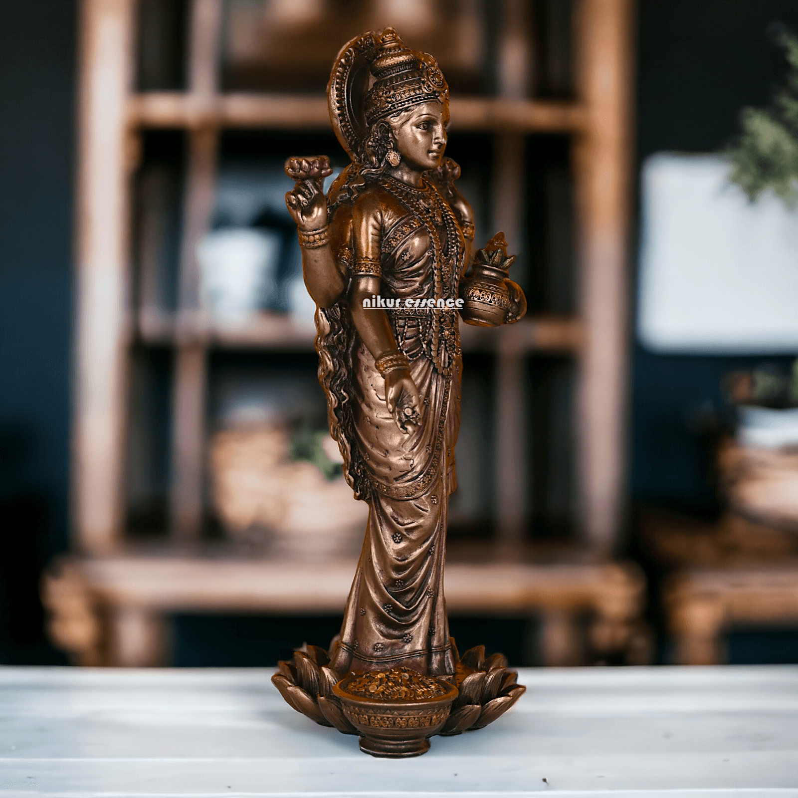 Bronze Lakshmi Idol Standing Gracefully on Lotus Flower Nikuressence
