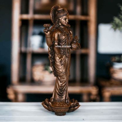 Bronze Lakshmi Idol Standing Gracefully on Lotus Flower Nikuressence