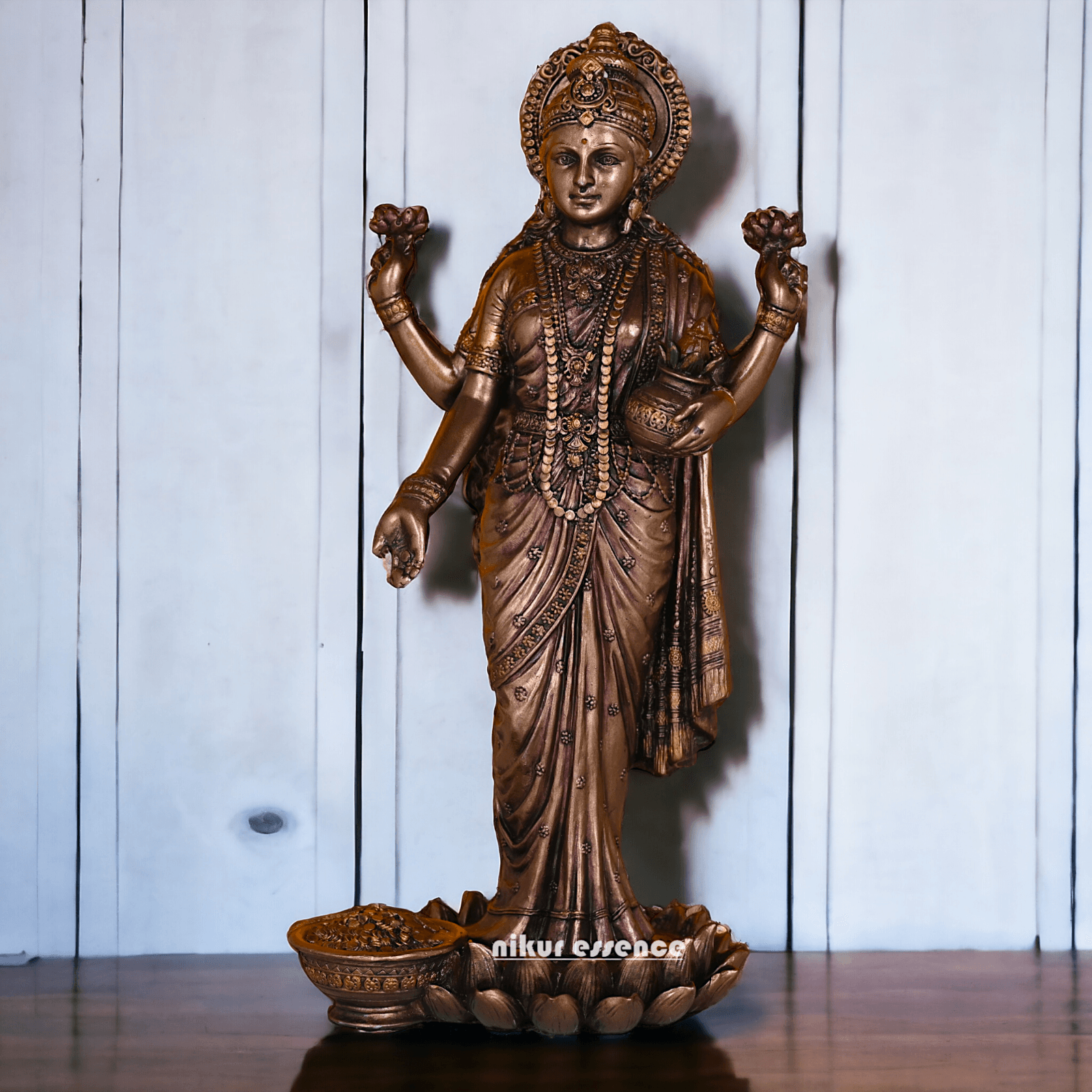 Bronze Lakshmi Idol Standing Gracefully on Lotus Flower Nikuressence