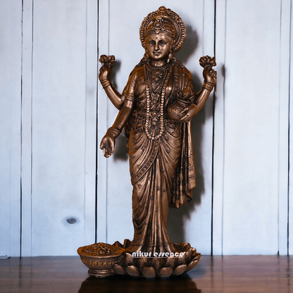 Bronze Lakshmi Idol Standing Gracefully on Lotus Flower Nikuressence