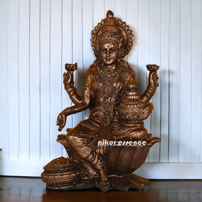 Bronze Lakshmi statue Seated on Lotus - Handcrafted Hindu Sculpture for Prosperity and Blessings Nikuressence