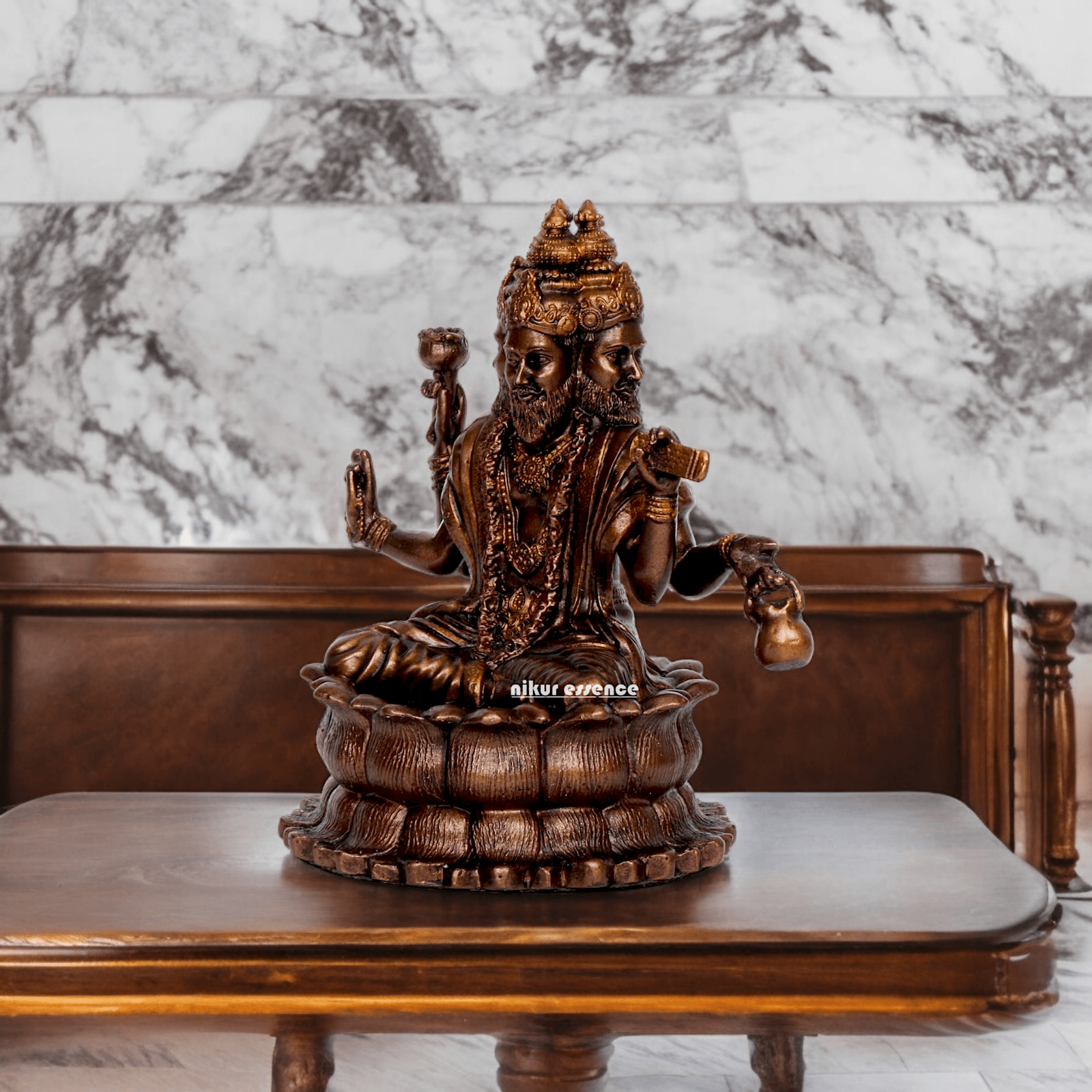 Bonded Bronze Trimurti Idol Depicting Brahma, Vishnu, and Mahesh on Lotus by Nikur Essence - 3.75 Inch Nikuressence