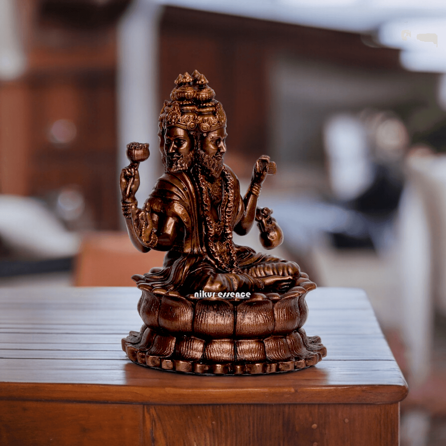 Bonded Bronze Trimurti Idol Depicting Brahma, Vishnu, and Mahesh on Lotus by Nikur Essence - 3.75 Inch Nikuressence