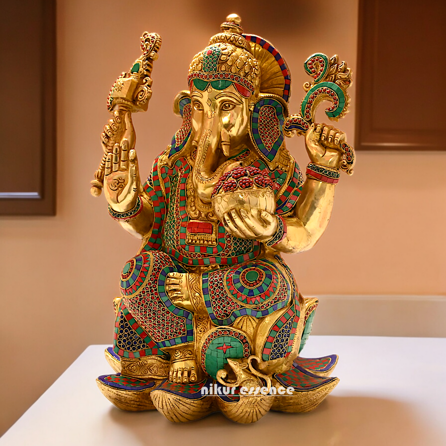 Buy Online Braas Ganesh Sitting on Lotus with Stone work Idol - 24 inches Nikuressence