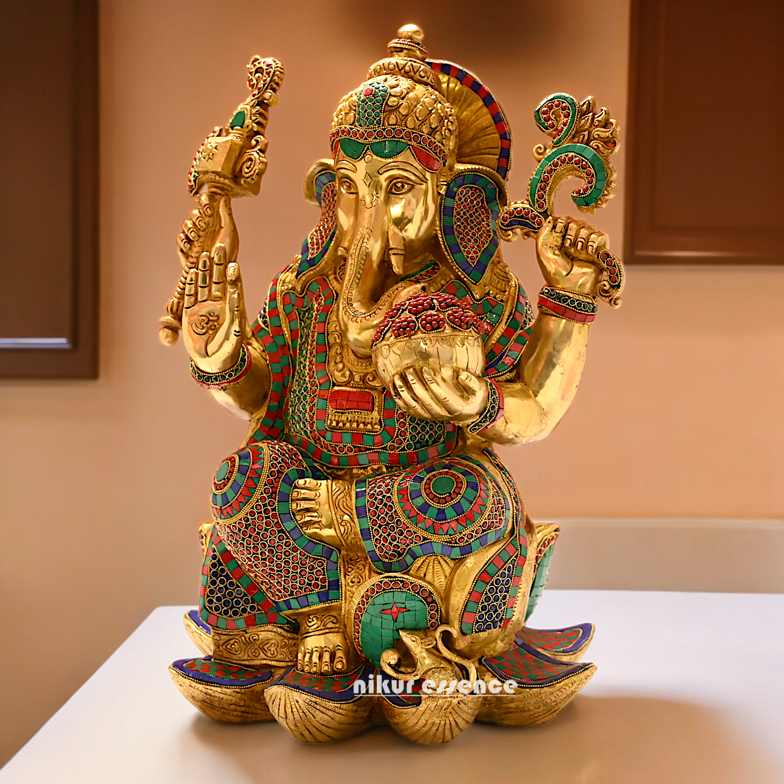 Buy Online Braas Ganesh Sitting on Lotus with Stone work Idol - 24 inches Nikuressence
