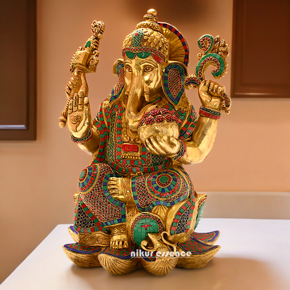 Buy Online Braas Ganesh Sitting on Lotus with Stone work Idol - 24 inches Nikuressence
