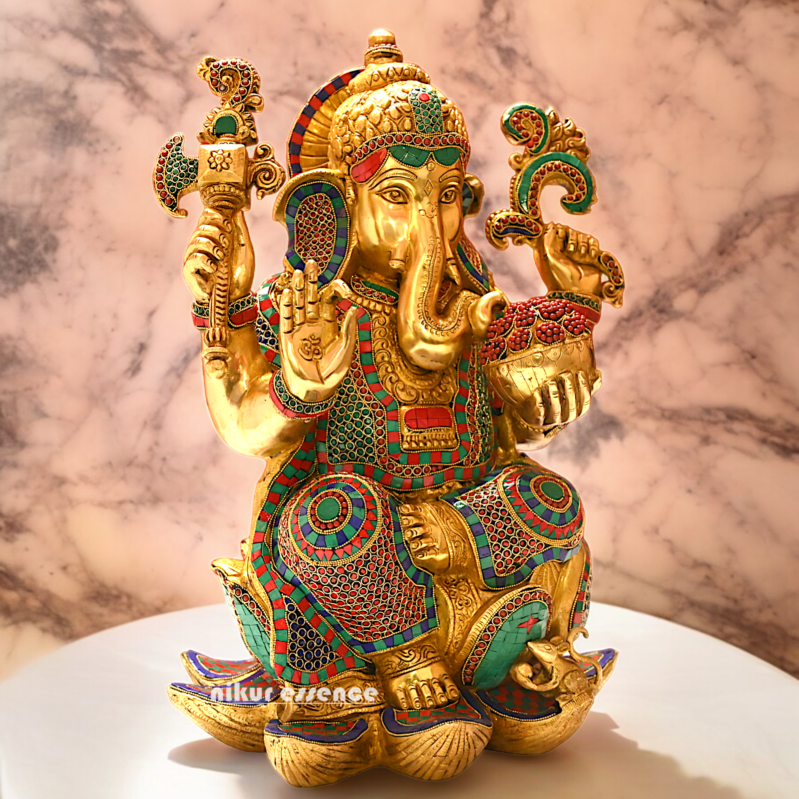 Buy Online Braas Ganesh Sitting on Lotus with Stone work Idol - 24 inches Nikuressence