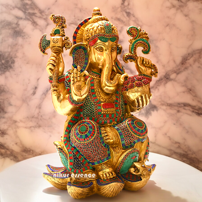 Buy Online Braas Ganesh Sitting on Lotus with Stone work Idol - 24 inches Nikuressence