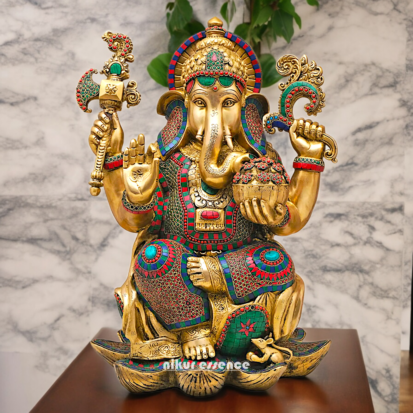 Buy Online Braas Ganesh Sitting on Lotus with Stone work Idol - 24 inches Nikuressence