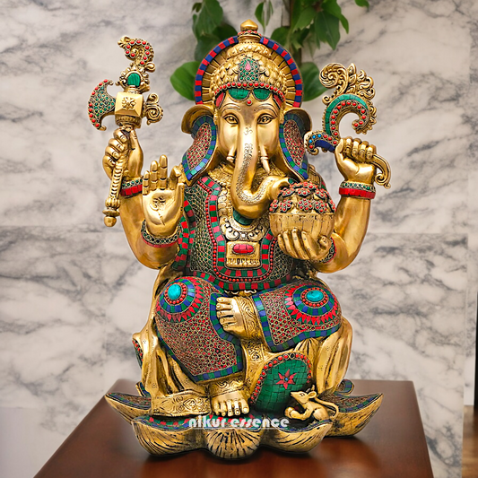 Buy Online Braas Ganesh Sitting on Lotus with Stone work Idol - 24 inches Nikuressence