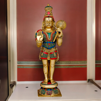 Buy Online Brass Hanuman Bless Standing Idol with Stone Work - 53.5 cm Nikuressence