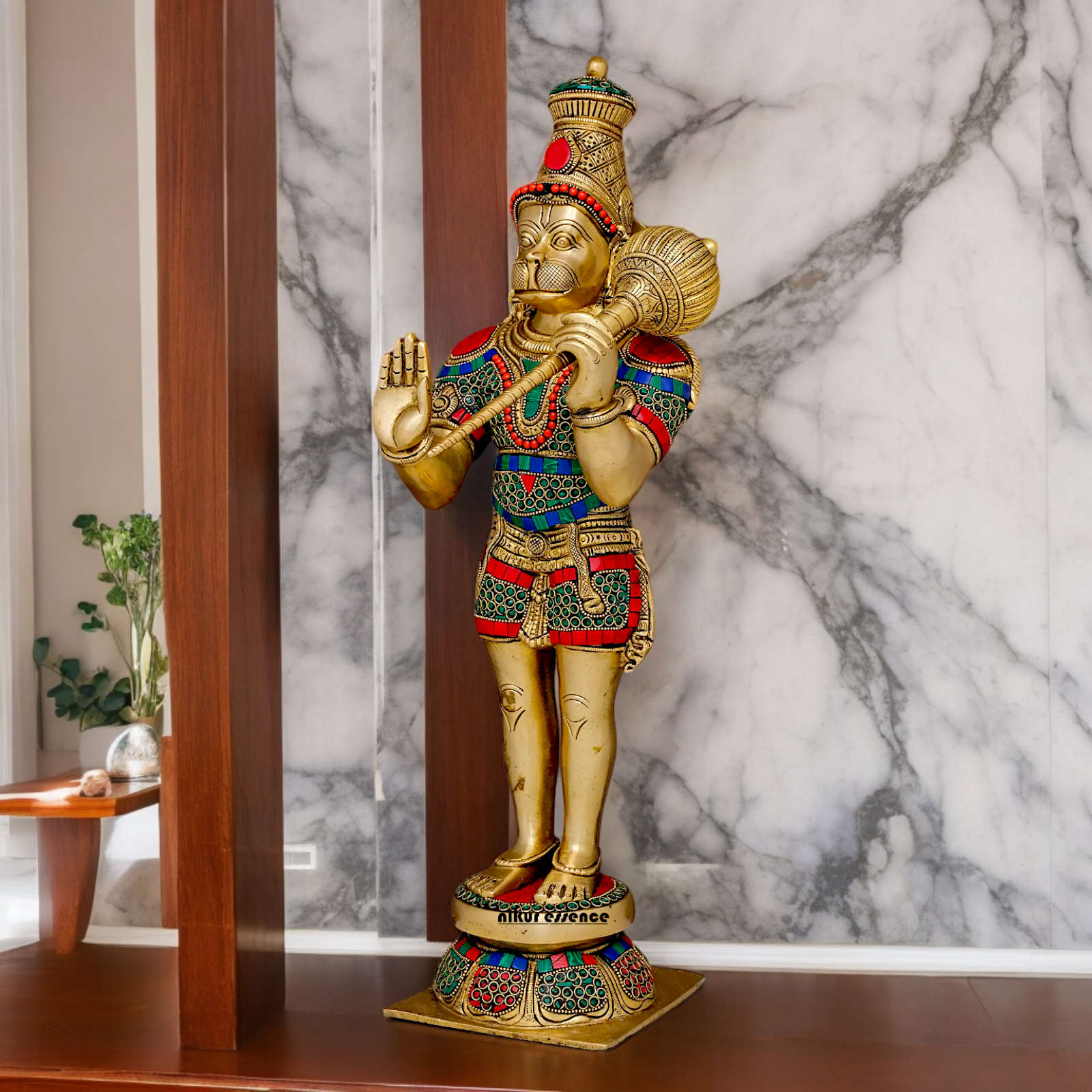 Buy Online Brass Hanuman Bless Standing Idol with Stone Work - 53.5 cm Nikuressence