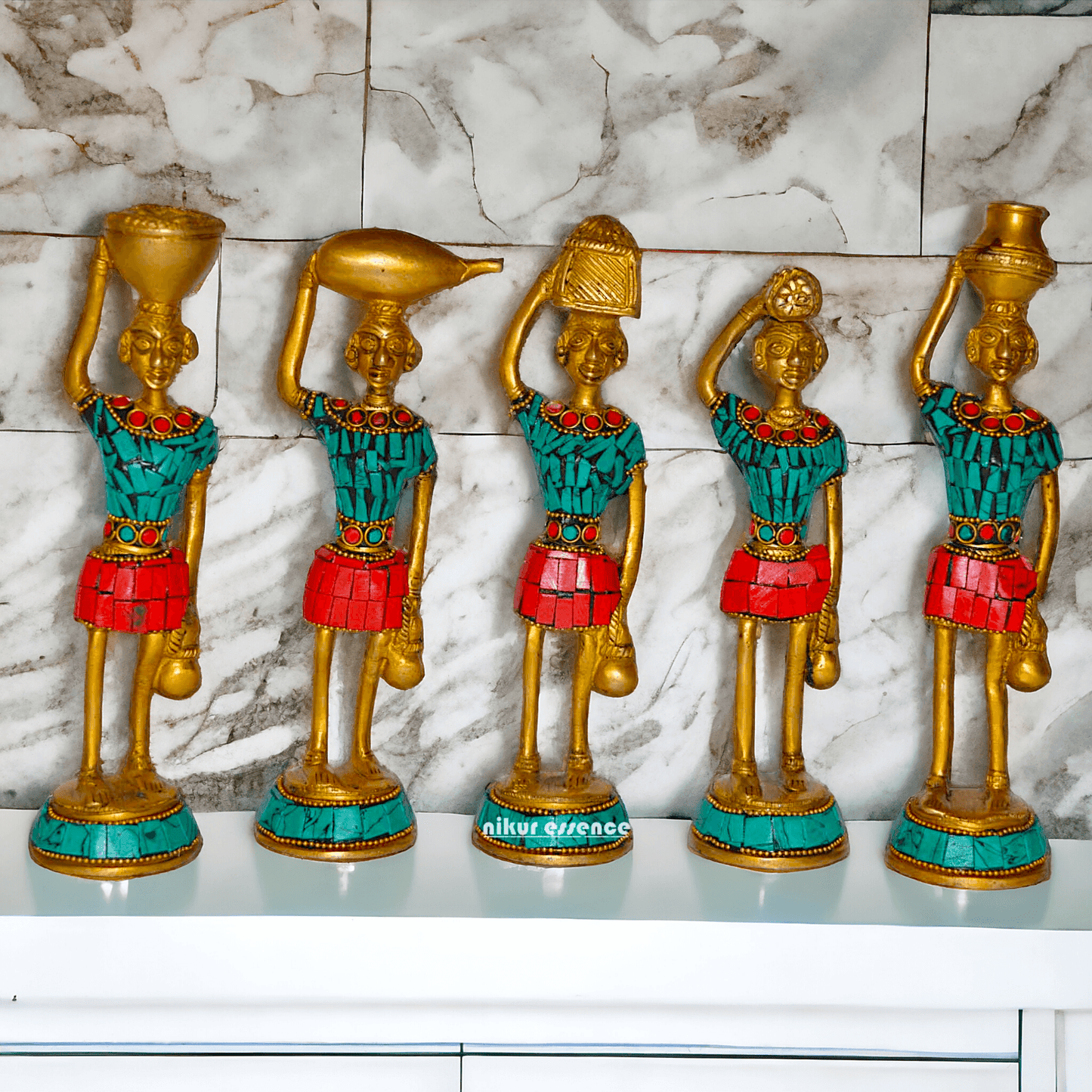 Brass Set of Five Red Indians Ladies Statue for Home Décor and Collectors Nikuressence
