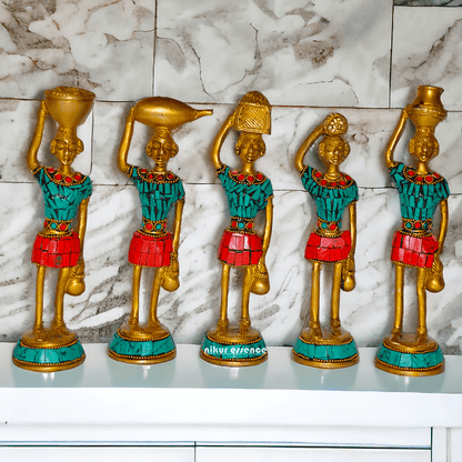 Brass Set of Five Red Indians Ladies Statue for Home Décor and Collectors Nikuressence
