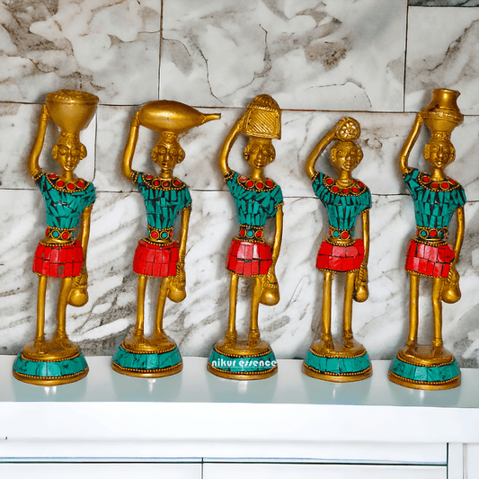 Brass Set of Five Red Indians Ladies Statue for Home Décor and Collectors Nikuressence