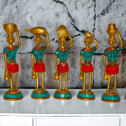 Brass Set of Five Red Indians Ladies Statue for Home Décor and Collectors Nikuressence