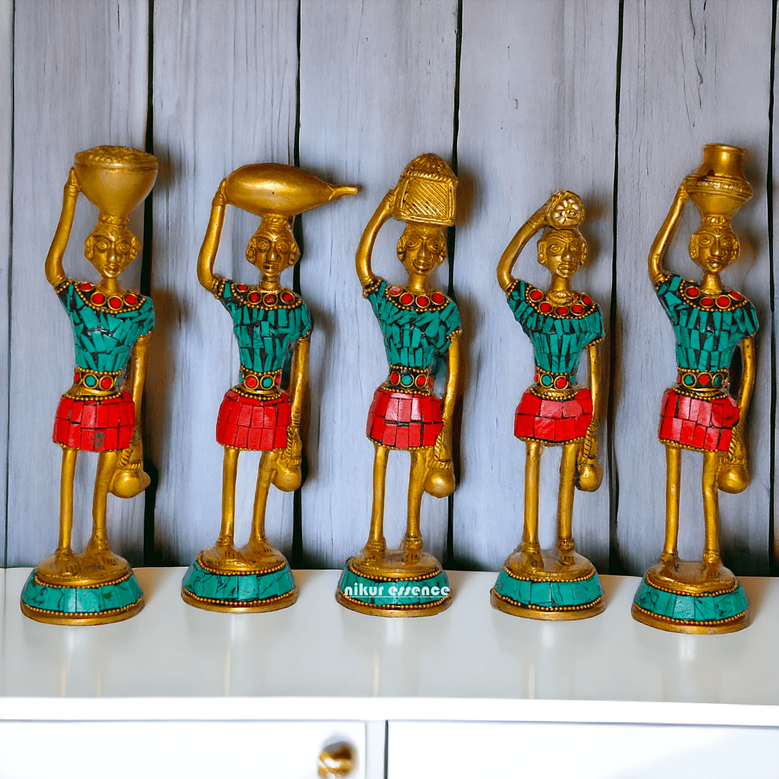 Brass Set of Five Red Indians Ladies Statue for Home Décor and Collectors Nikuressence